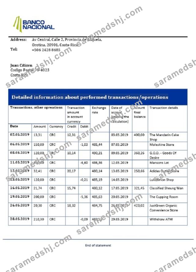 Costa Rica Banco Nacional de Costa Rica bank statement